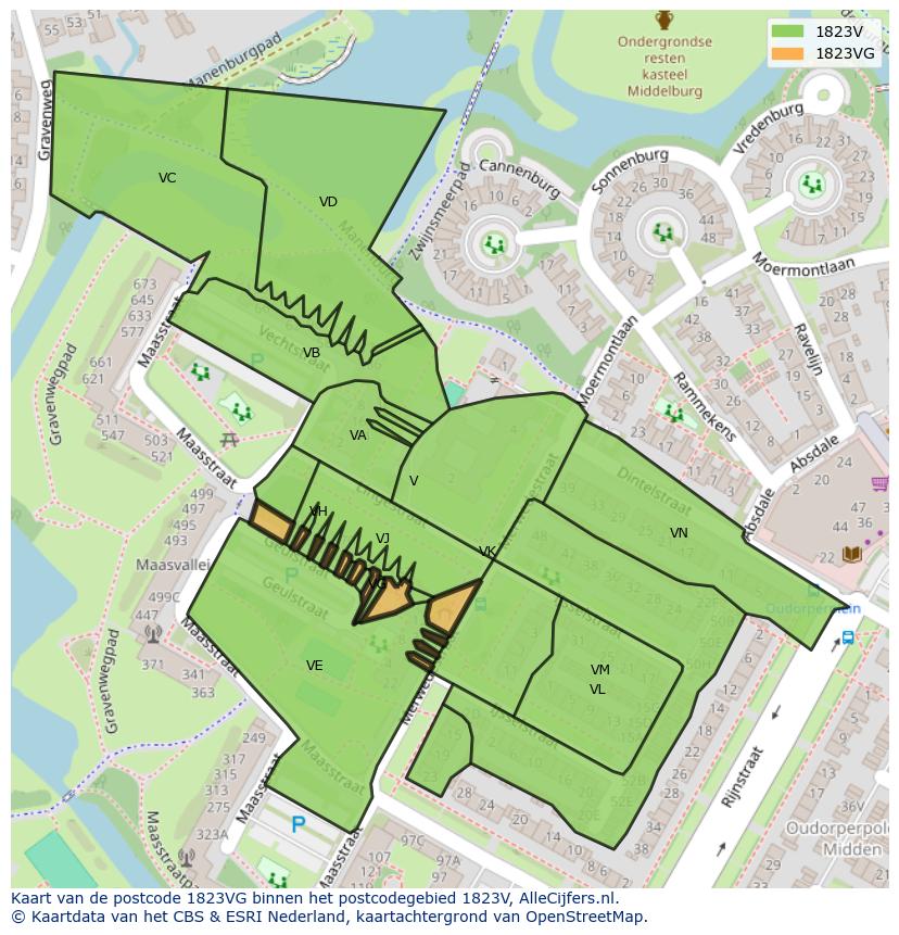 Afbeelding van het postcodegebied 1823 VG op de kaart.