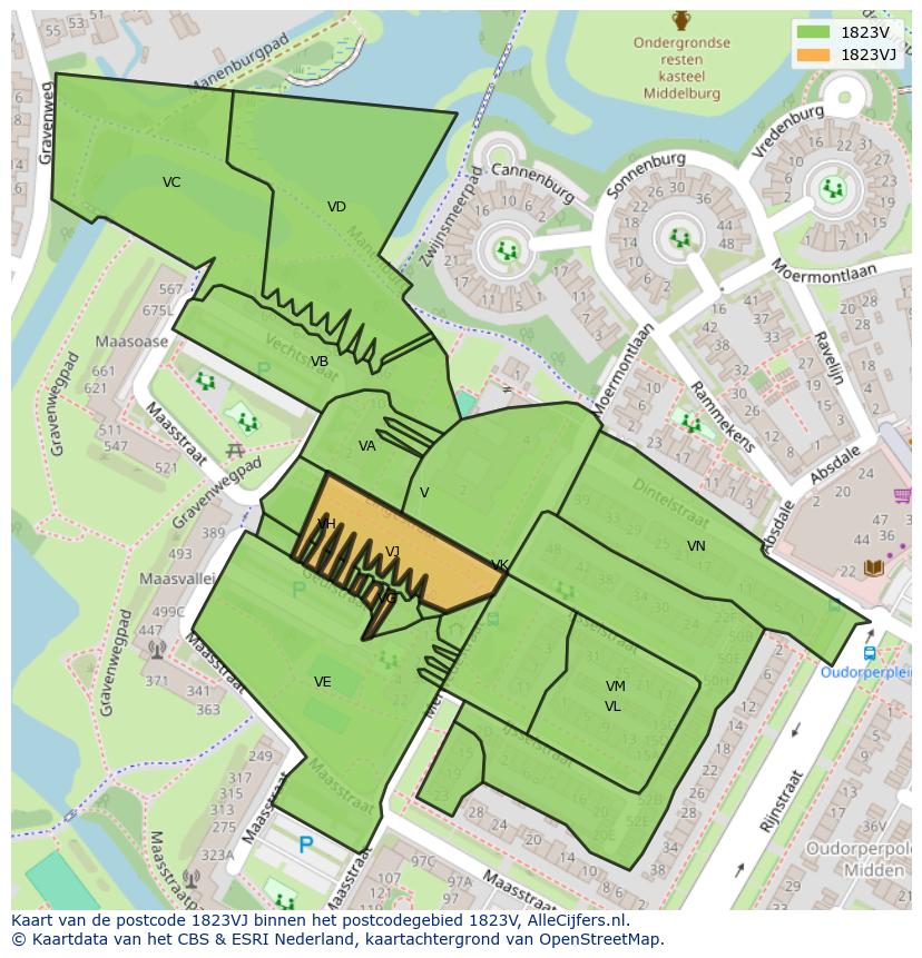 Afbeelding van het postcodegebied 1823 VJ op de kaart.