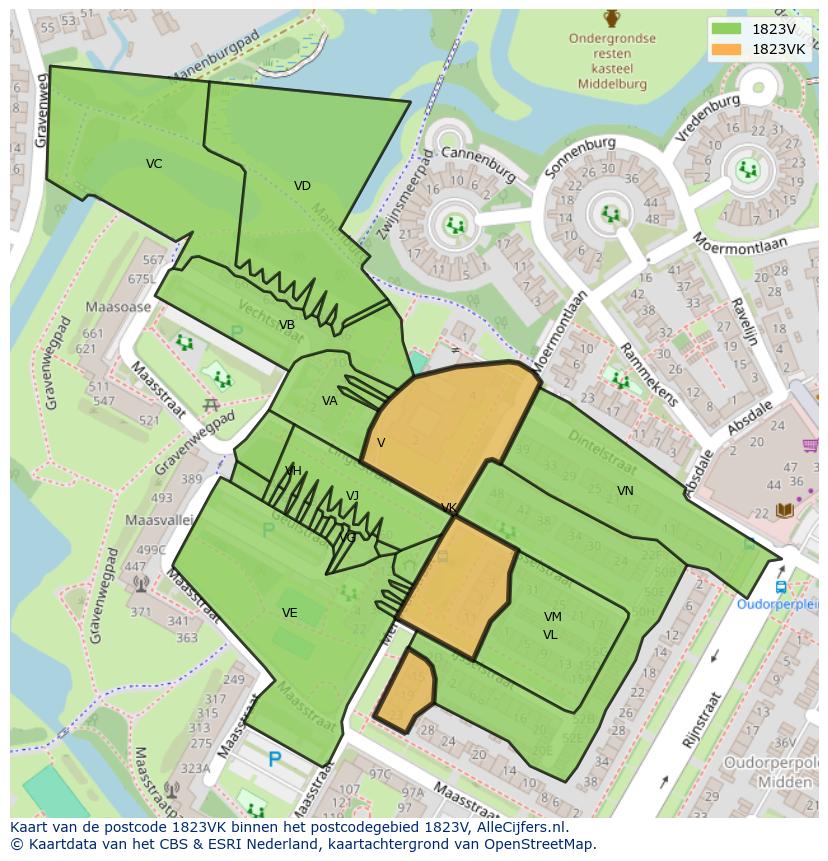 Afbeelding van het postcodegebied 1823 VK op de kaart.