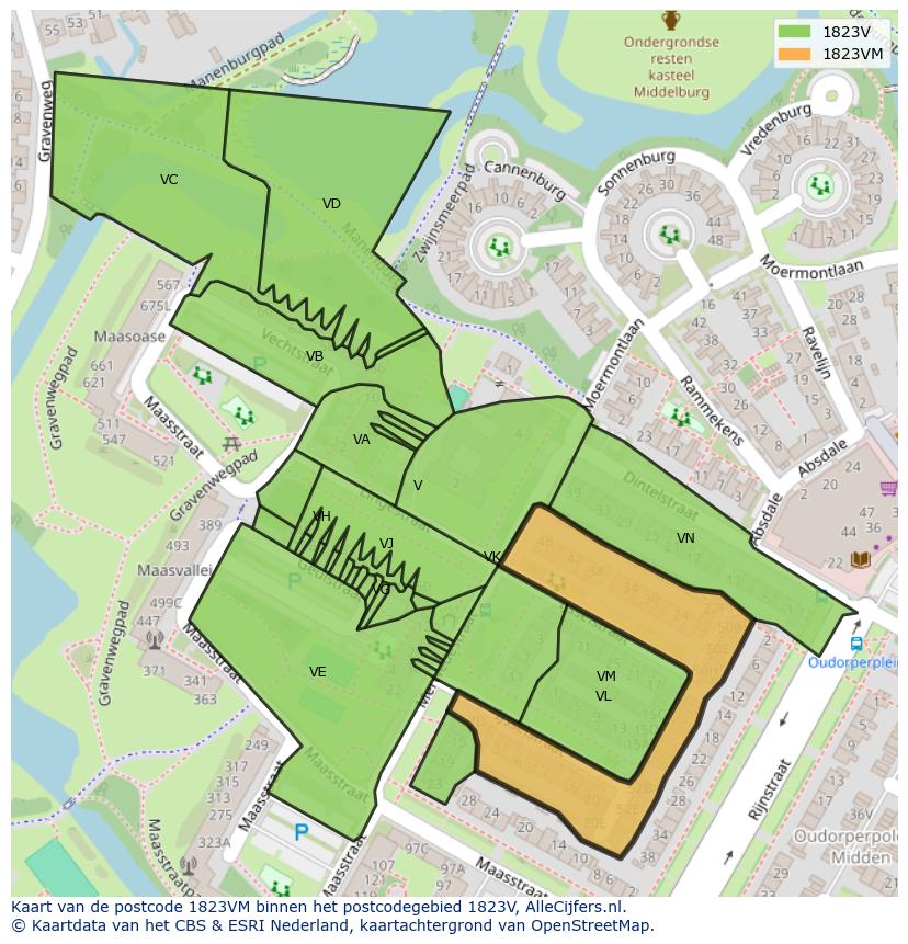 Afbeelding van het postcodegebied 1823 VM op de kaart.