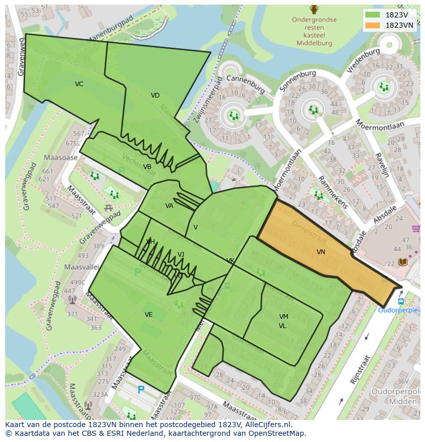 Afbeelding van het postcodegebied 1823 VN op de kaart.