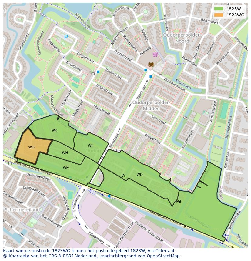 Afbeelding van het postcodegebied 1823 WG op de kaart.