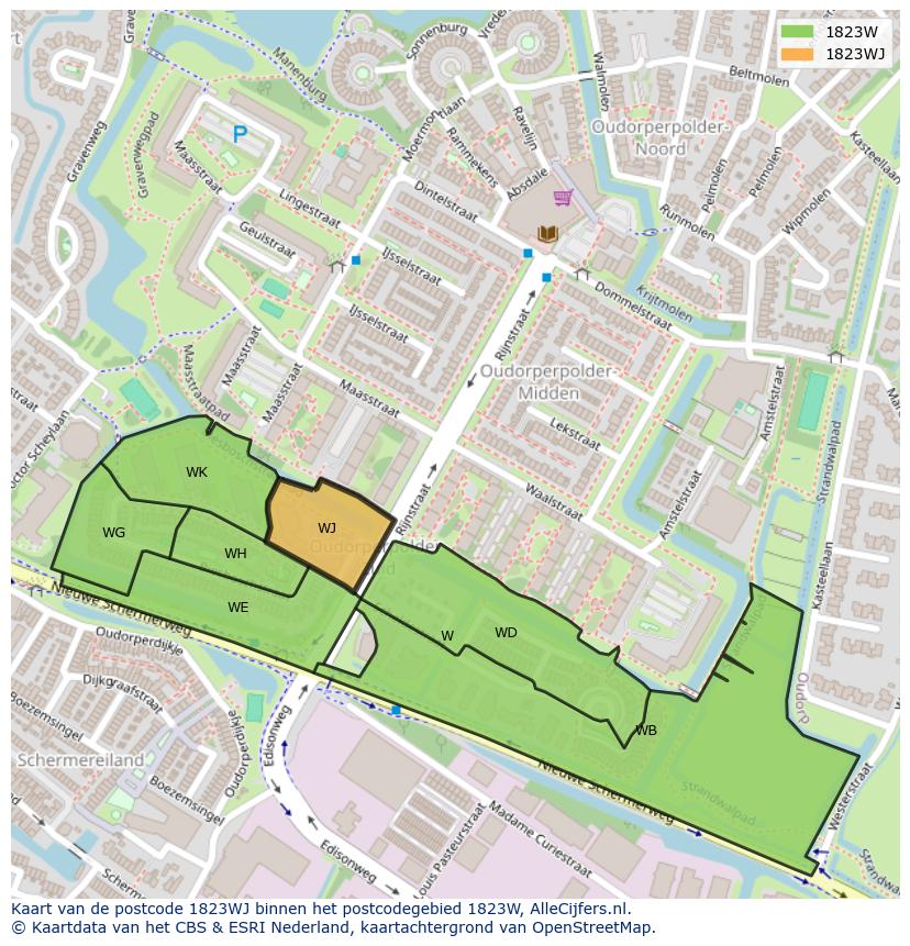 Afbeelding van het postcodegebied 1823 WJ op de kaart.