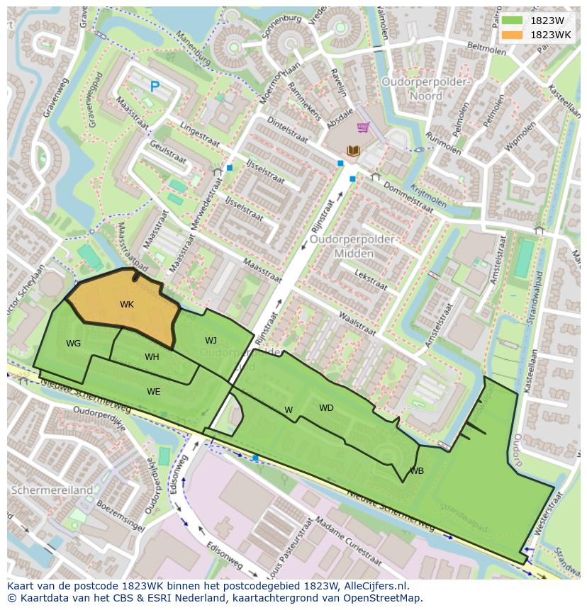 Afbeelding van het postcodegebied 1823 WK op de kaart.