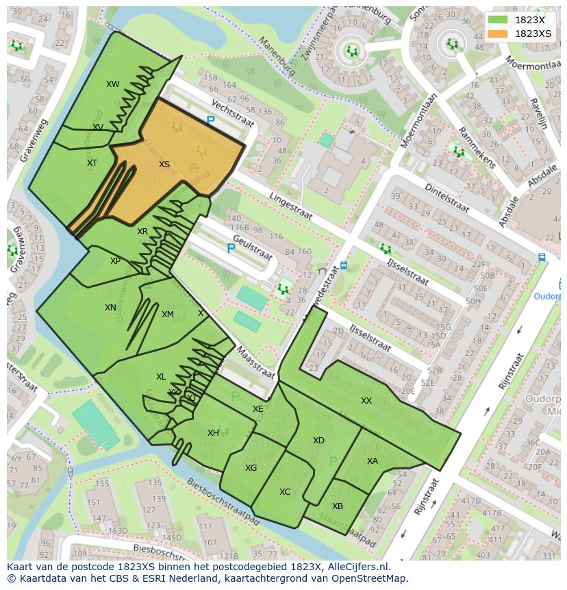 Afbeelding van het postcodegebied 1823 XS op de kaart.