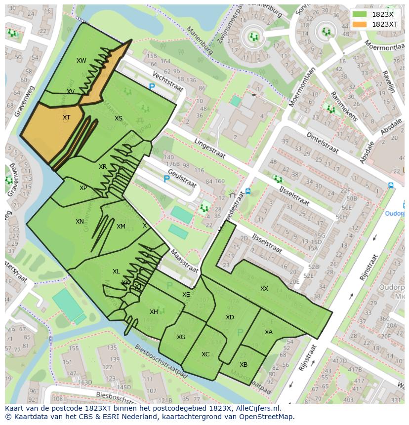 Afbeelding van het postcodegebied 1823 XT op de kaart.