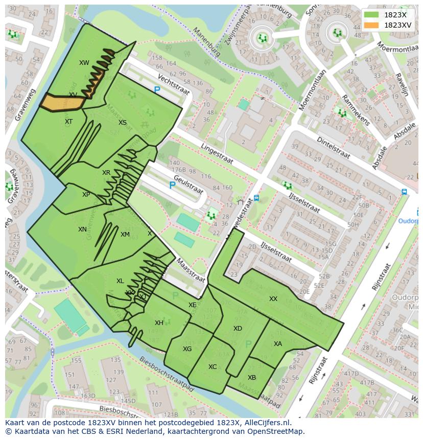Afbeelding van het postcodegebied 1823 XV op de kaart.
