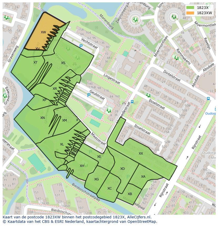 Afbeelding van het postcodegebied 1823 XW op de kaart.