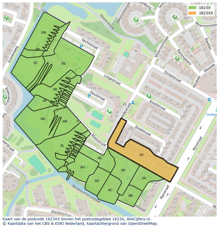 Afbeelding van het postcodegebied 1823 XX op de kaart.