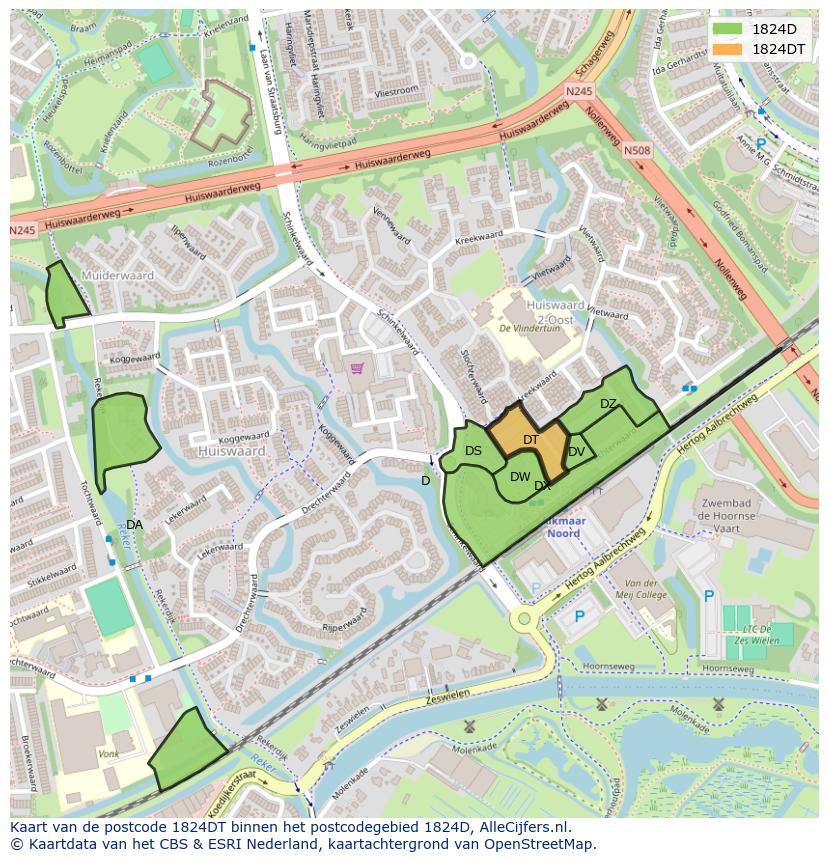 Afbeelding van het postcodegebied 1824 DT op de kaart.
