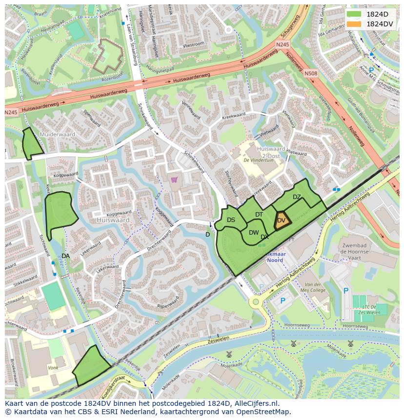 Afbeelding van het postcodegebied 1824 DV op de kaart.