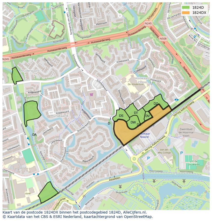 Afbeelding van het postcodegebied 1824 DX op de kaart.