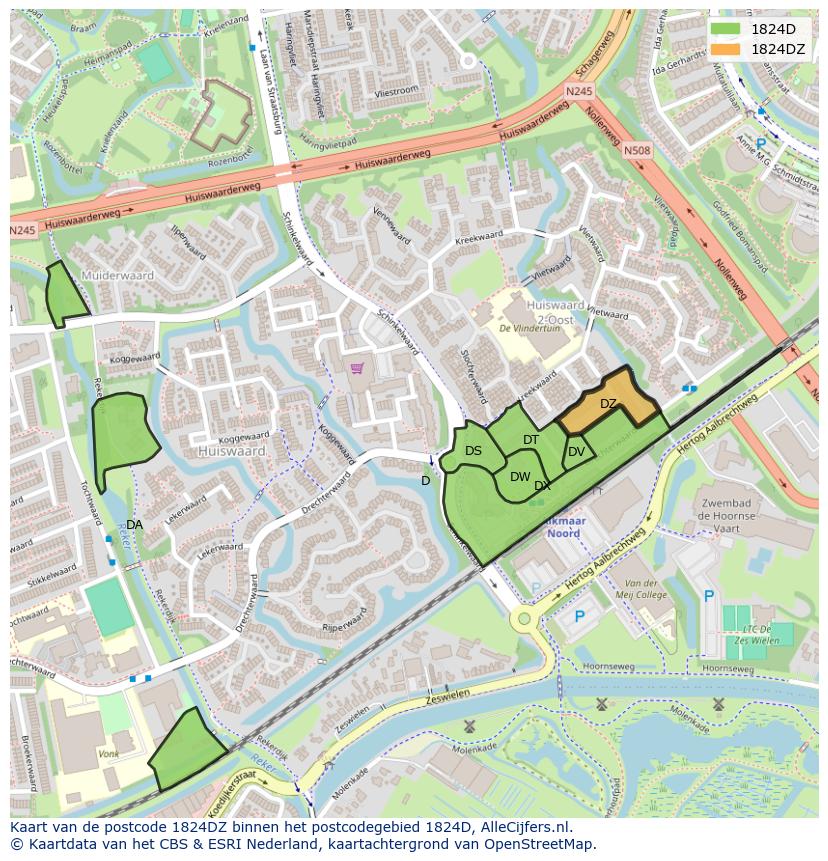 Afbeelding van het postcodegebied 1824 DZ op de kaart.