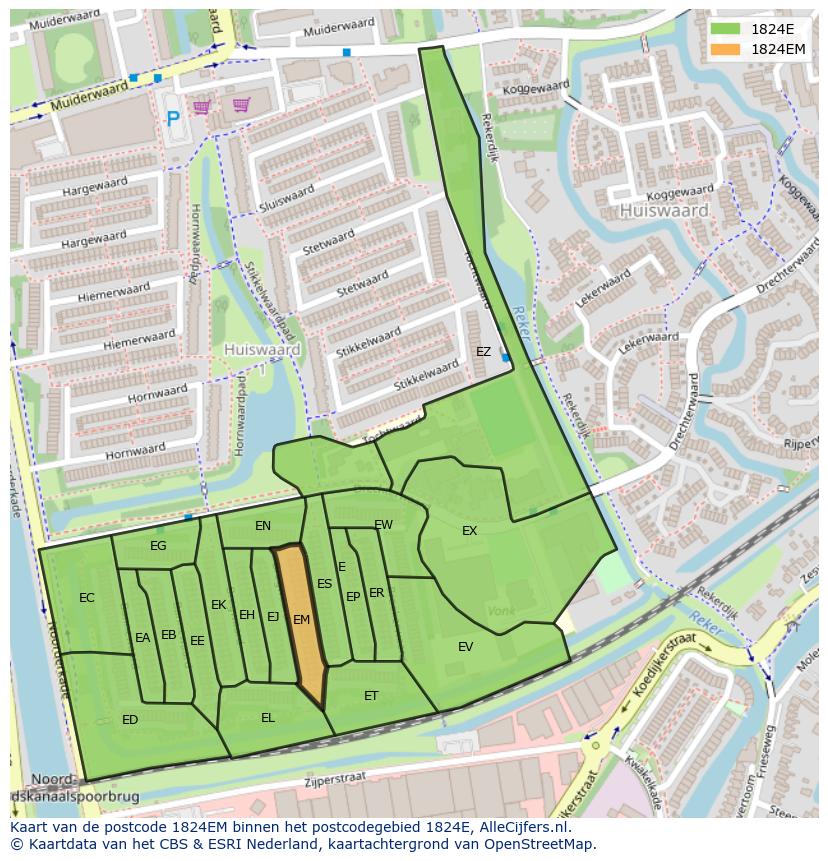 Afbeelding van het postcodegebied 1824 EM op de kaart.