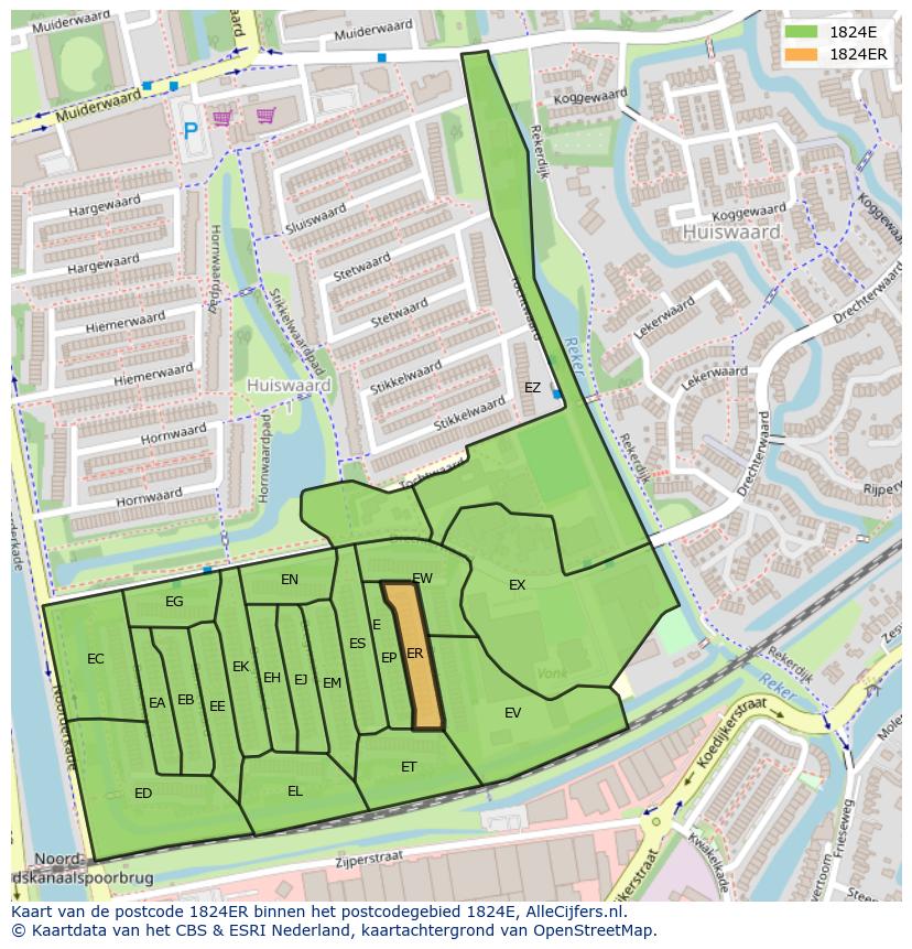 Afbeelding van het postcodegebied 1824 ER op de kaart.