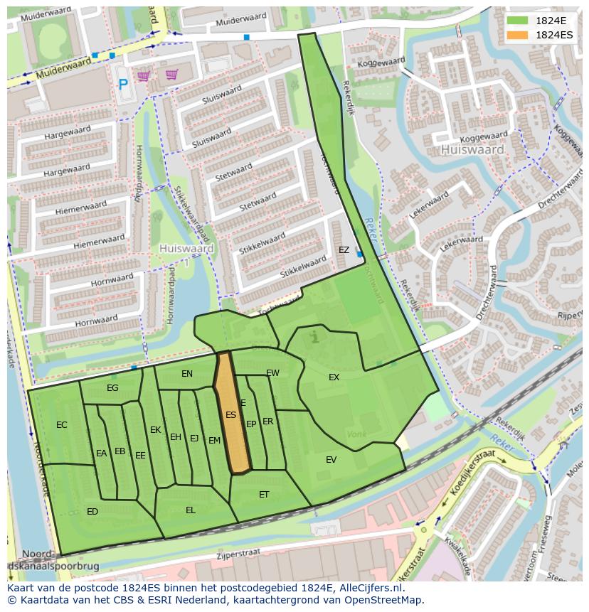 Afbeelding van het postcodegebied 1824 ES op de kaart.