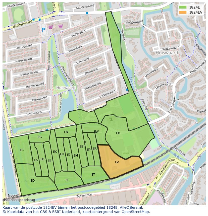 Afbeelding van het postcodegebied 1824 EV op de kaart.