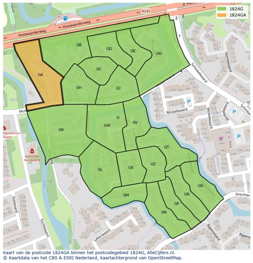 Afbeelding van het postcodegebied 1824 GA op de kaart.