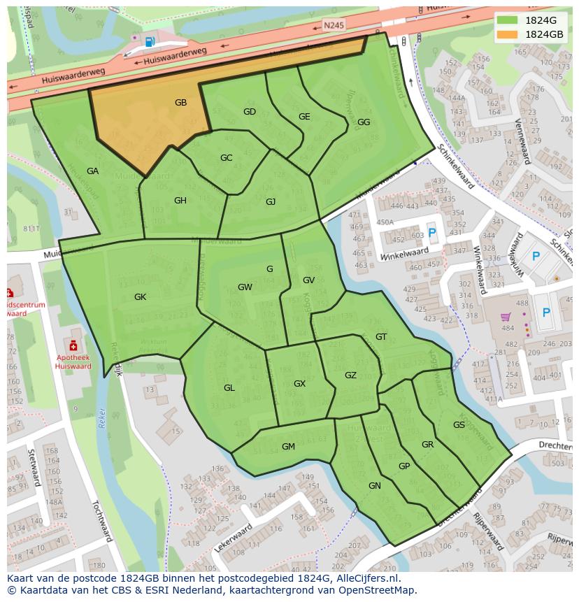 Afbeelding van het postcodegebied 1824 GB op de kaart.