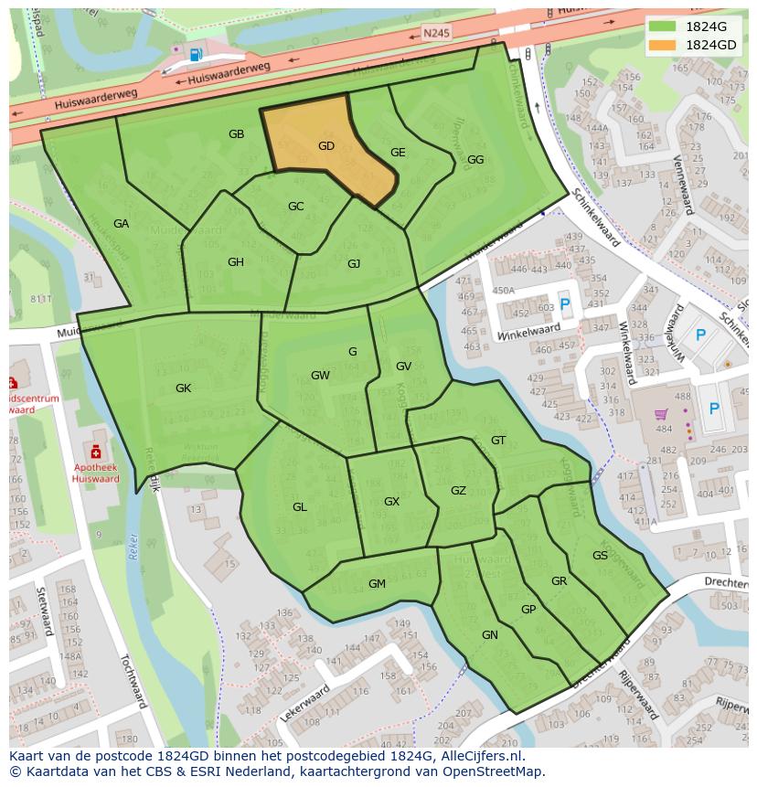 Afbeelding van het postcodegebied 1824 GD op de kaart.
