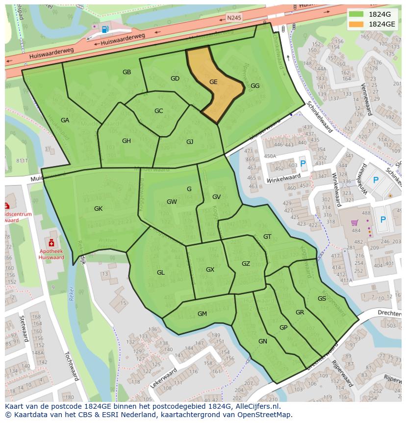 Afbeelding van het postcodegebied 1824 GE op de kaart.
