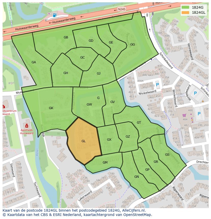 Afbeelding van het postcodegebied 1824 GL op de kaart.