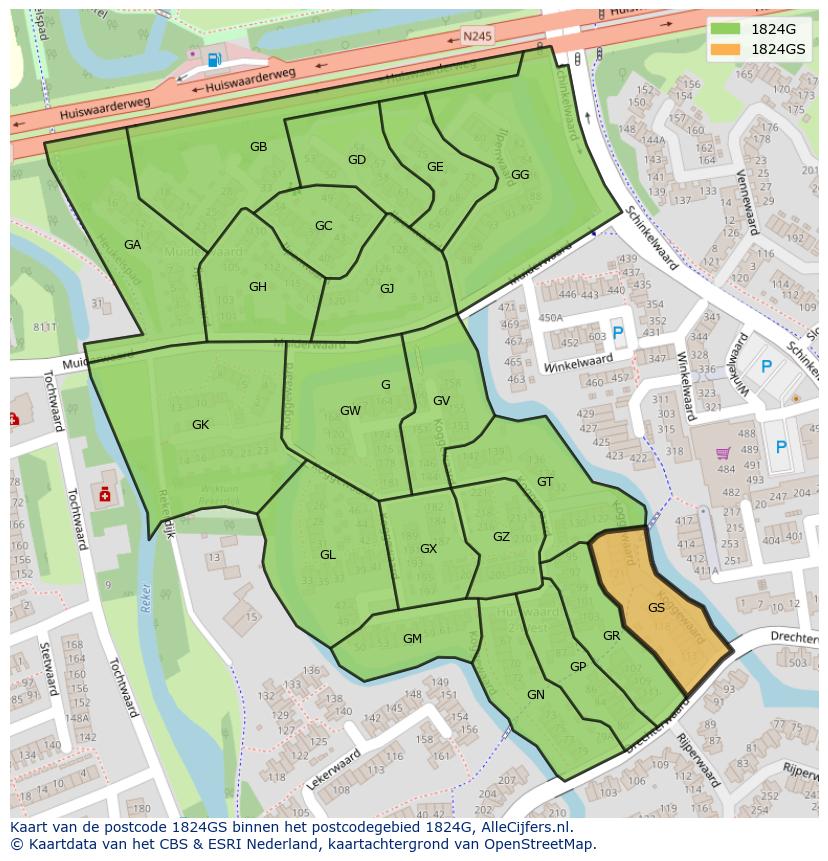 Afbeelding van het postcodegebied 1824 GS op de kaart.