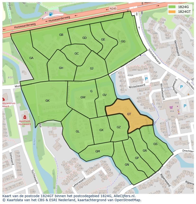 Afbeelding van het postcodegebied 1824 GT op de kaart.
