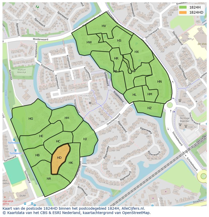 Afbeelding van het postcodegebied 1824 HD op de kaart.