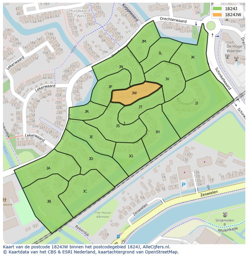 Afbeelding van het postcodegebied 1824 JW op de kaart.
