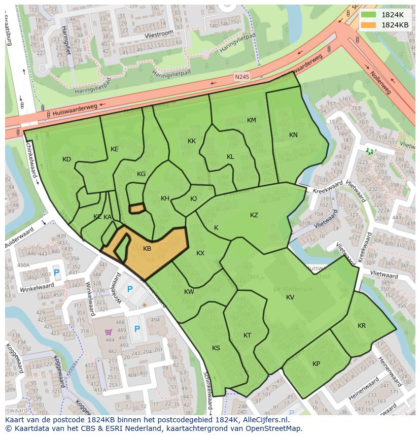 Afbeelding van het postcodegebied 1824 KB op de kaart.
