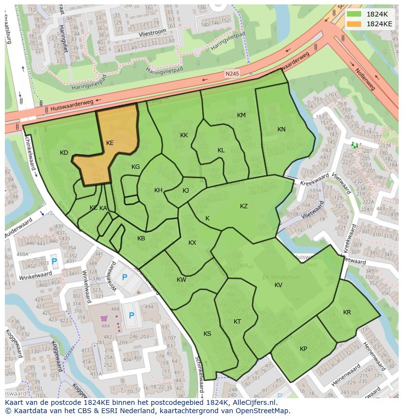 Afbeelding van het postcodegebied 1824 KE op de kaart.