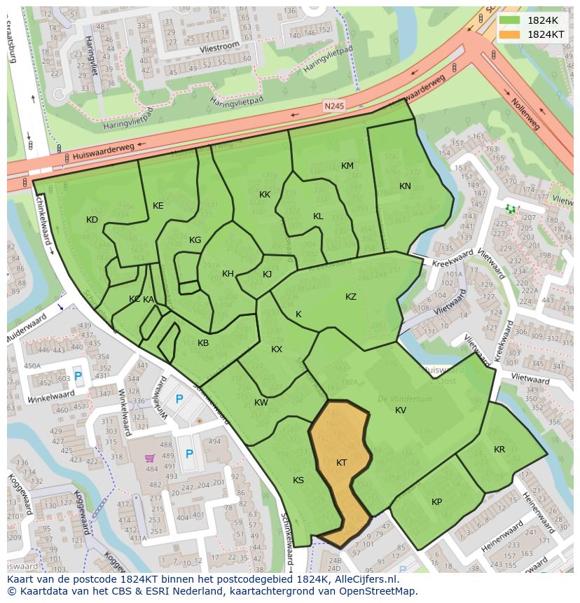 Afbeelding van het postcodegebied 1824 KT op de kaart.