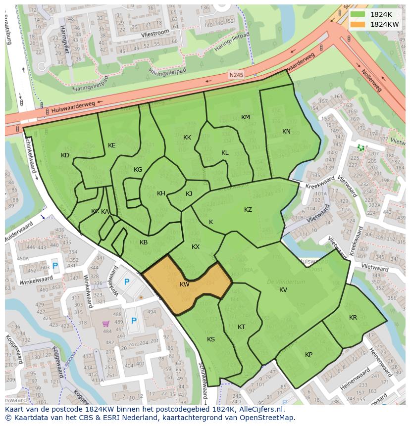 Afbeelding van het postcodegebied 1824 KW op de kaart.