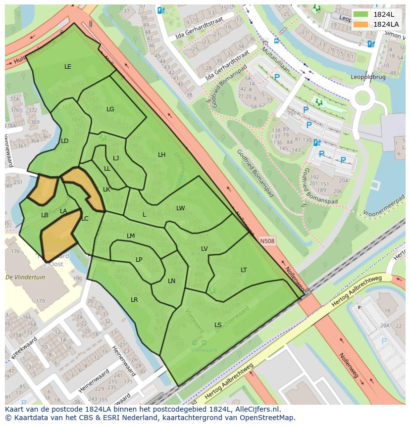Afbeelding van het postcodegebied 1824 LA op de kaart.