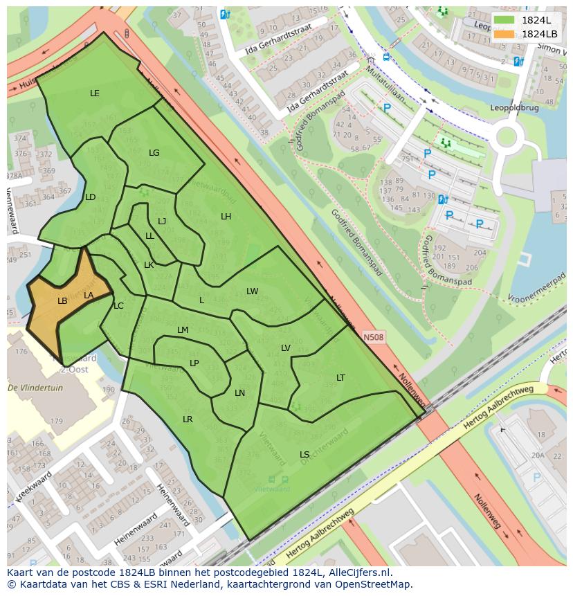Afbeelding van het postcodegebied 1824 LB op de kaart.