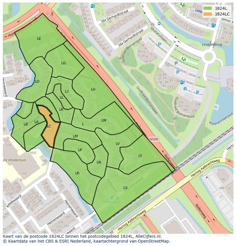 Afbeelding van het postcodegebied 1824 LC op de kaart.