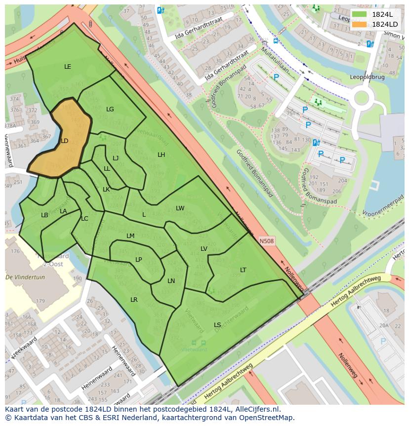 Afbeelding van het postcodegebied 1824 LD op de kaart.