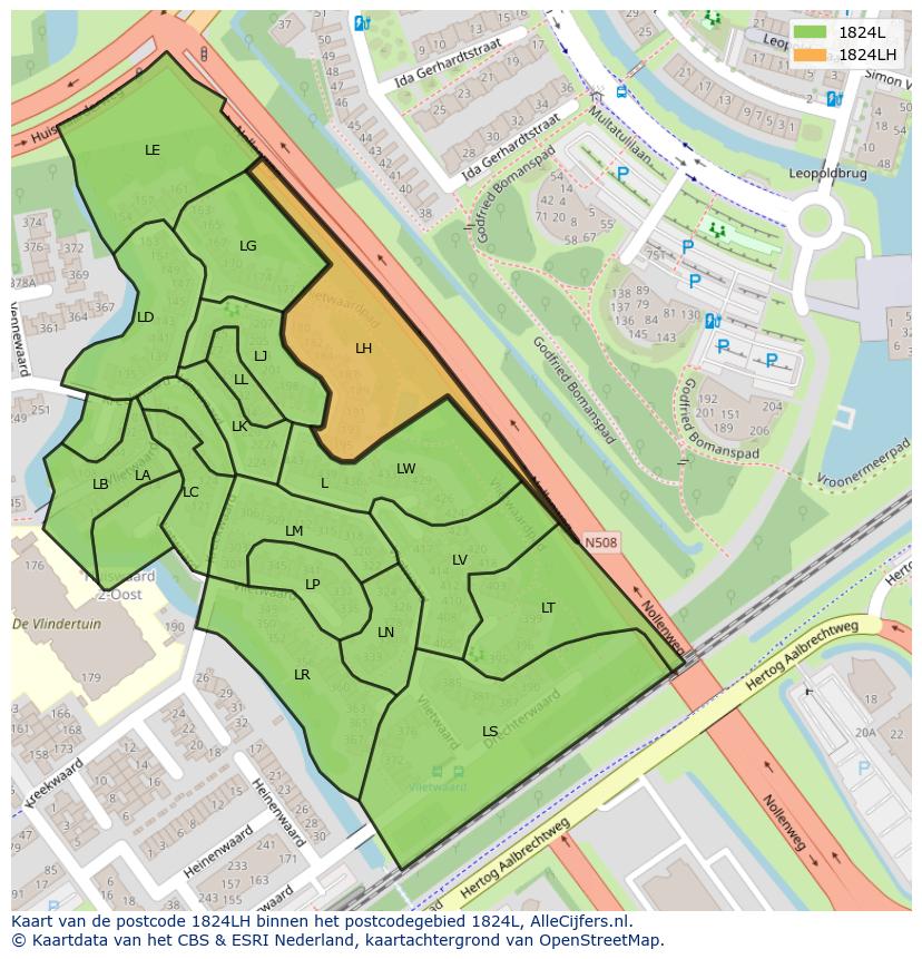 Afbeelding van het postcodegebied 1824 LH op de kaart.