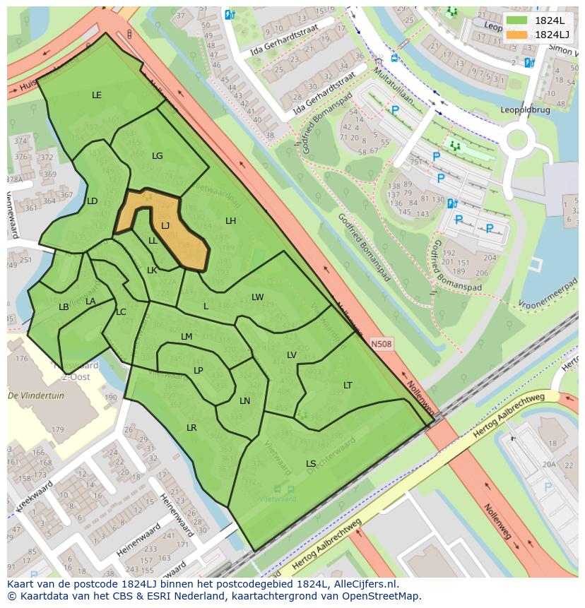 Afbeelding van het postcodegebied 1824 LJ op de kaart.