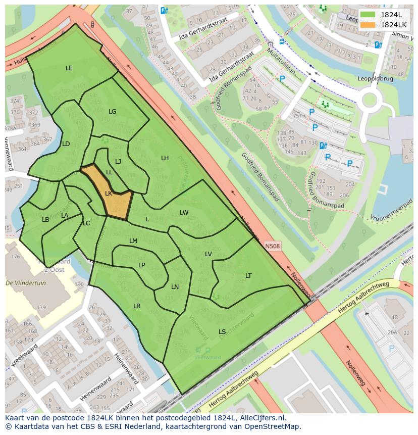 Afbeelding van het postcodegebied 1824 LK op de kaart.