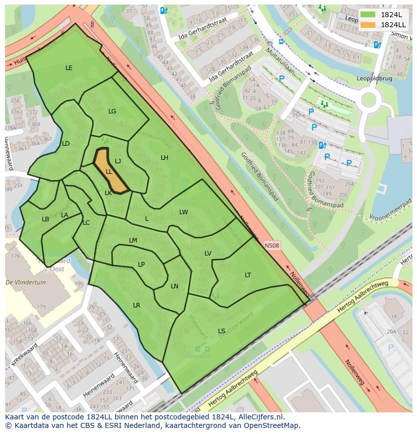 Afbeelding van het postcodegebied 1824 LL op de kaart.