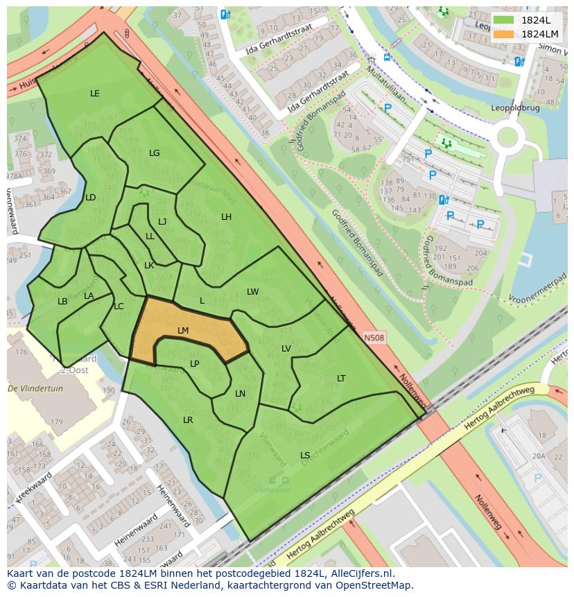 Afbeelding van het postcodegebied 1824 LM op de kaart.