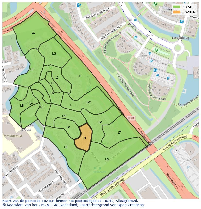 Afbeelding van het postcodegebied 1824 LN op de kaart.