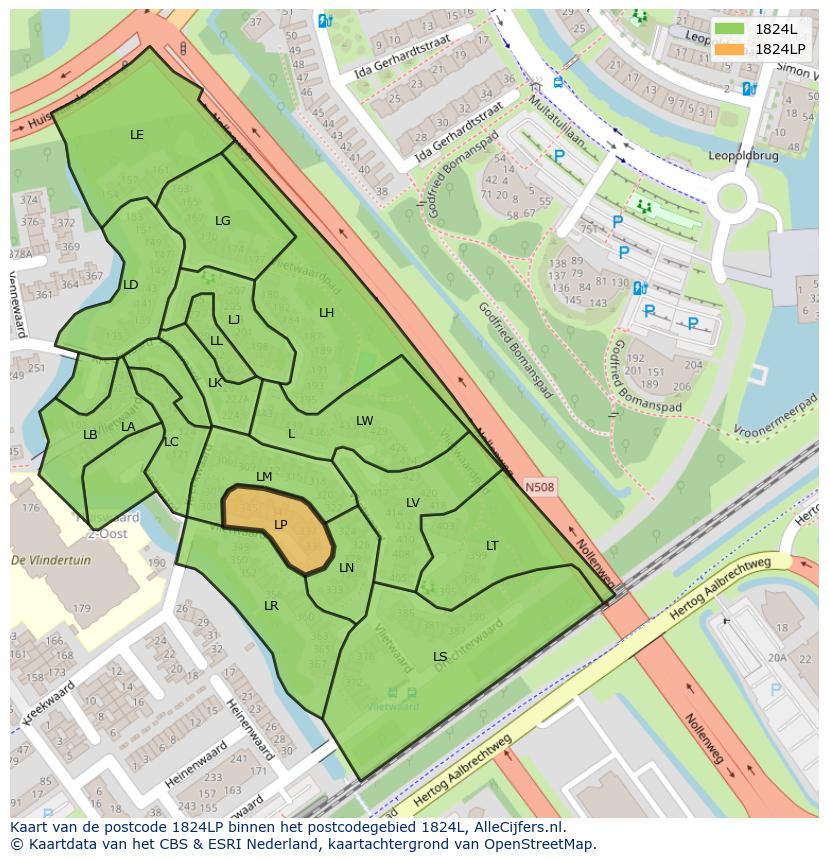 Afbeelding van het postcodegebied 1824 LP op de kaart.