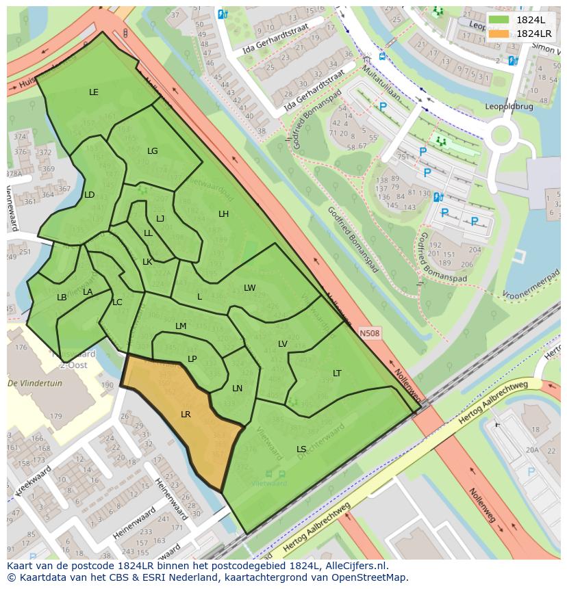 Afbeelding van het postcodegebied 1824 LR op de kaart.