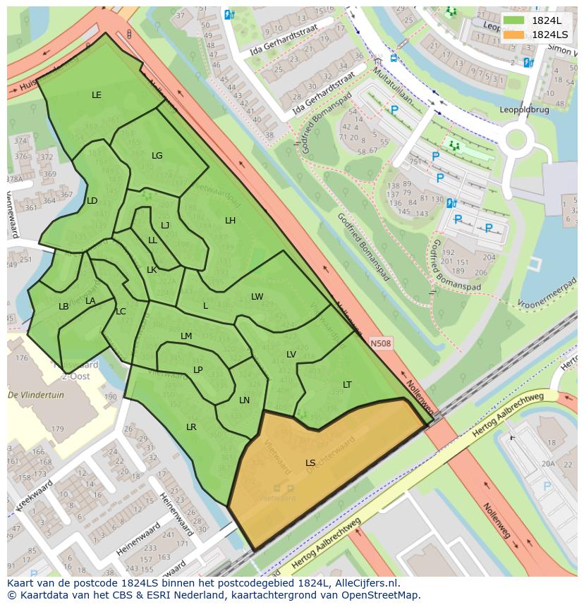 Afbeelding van het postcodegebied 1824 LS op de kaart.