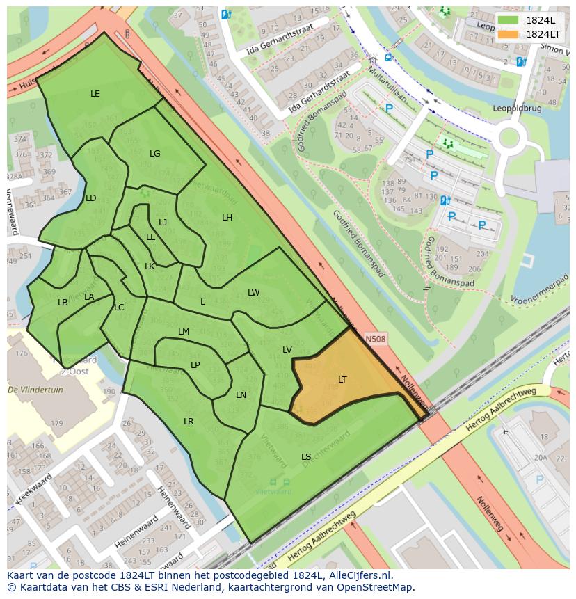 Afbeelding van het postcodegebied 1824 LT op de kaart.