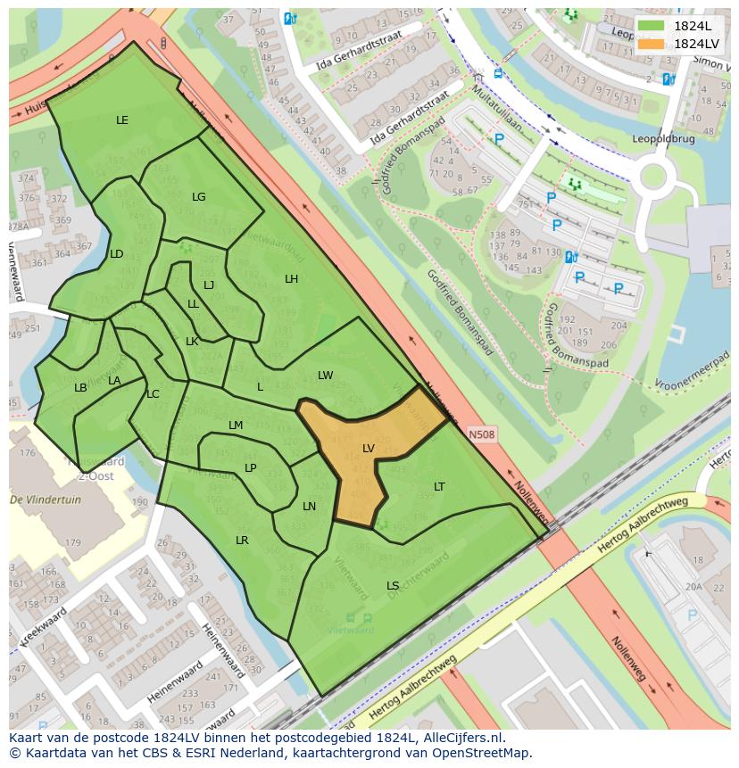 Afbeelding van het postcodegebied 1824 LV op de kaart.