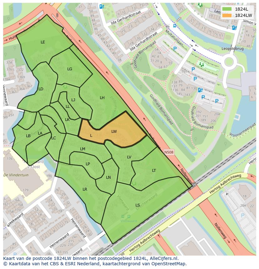 Afbeelding van het postcodegebied 1824 LW op de kaart.